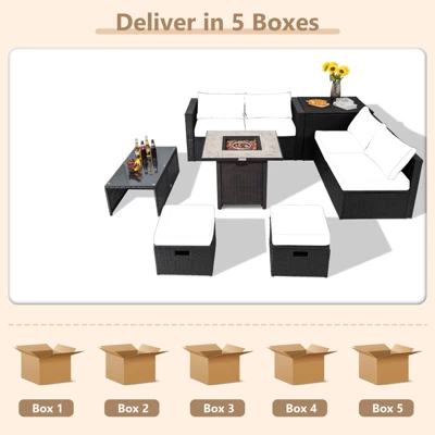 Tangkula 9 Pieces Outdoor PE Rattan Wicker Sectional Sofa With 42" Gas Fire Pit Table Space-Saving Patio Conversation Set With Storage Box Black/Grey/Navy/Red/Turquoise/Off White 5 Tangkula 9 Pieces Outdoor PE Rattan Wicker Sectional Sofa With 42" Gas Fire Pit Table Space-Saving Patio Conversation Set With Storage Box Black/Grey/Navy/Red/Turquoise/Off White - Image 3