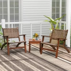 Tangkula 3 Pieces Outdoor Eucalyptus Wood Bistro Set Modern Hand-Woven PE Wicker Conversation Set -Tangkula GUEST 784f8793 c771 485e 9424 d3878474f1e0