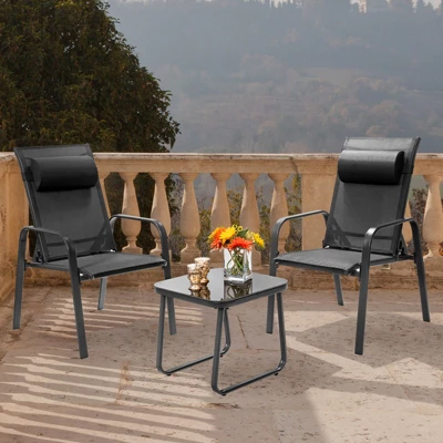 Tangkula 3PCS Patio Adjustable Back Stackable Chairs Side Table Set Bistro Set Classic Furniture Chair Set For Garden Black/Brown/Grey 4 Tangkula 3PCS Patio Adjustable Back Stackable Chairs Side Table Set Bistro Set Classic Furniture Chair Set For Garden Black/Brown/Grey - Image 2