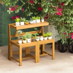 Tangkula 3-in-1 Outdoor Acacia Wood Loveseat Bench Furnitur W/ Slatted Seat For Garden -Tangkula GUEST 788d9ecb a68d 4592 b942 27a92c7d655a