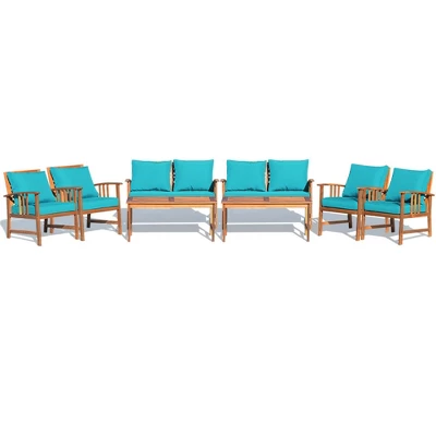 Tangkula 8pcs Wooden Patio Furniture Set Table & Sectional Sofa W/ Turquoise Cushion 12 Tangkula 8pcs Wooden Patio Furniture Set Table & Sectional Sofa W/ Turquoise Cushion - Image 10