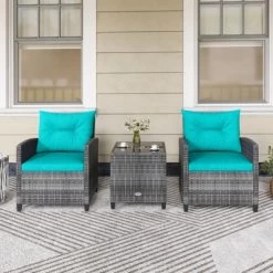 Tangkula 3 Pieces Patio Bistro Set Outdoor PE Rattan Conversation Chair Set With Tempered Glass Side Table And Removable Cushions Turquoise