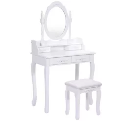 Tangkula Oval Mirror 4 Drawer Vanity Mirror Makeup Table W/ Cushioned Stool White -Tangkula GUEST 7a5106dd fedd 4ad4 ac42 fea0b8a3c62d