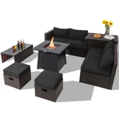 Tangkula 9PCS Outdoor Patio Furniture Set With 30" Propane Fire Pit Table PE Wicker Space-Saving Sectional Sofa Set W/ Storage Box & Cushions -Tangkula GUEST 7afd4ac9 419a 4ce2 ba1c 9ee5d0ddeed7