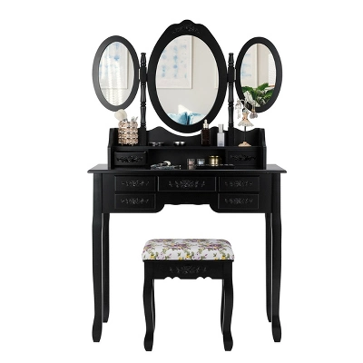 Tangkula Tri-Folding Mirror Vanity Makeup Set Dressing Table & Stool Unit W/ 7 Drawer 8 Tangkula Tri-Folding Mirror Vanity Makeup Set Dressing Table & Stool Unit W/ 7 Drawer - Image 6
