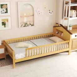 Tangkula Twin Size Kids Bed Solid Wood Platform Bed W/ Under-bed Storage & Storage Cube