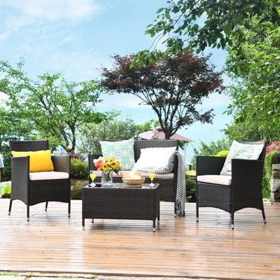 Tangkula 4-Piece Patio Rattan Wicker Conversation Furniture Set Sofa Chair Table Set 9 Tangkula 4-Piece Patio Rattan Wicker Conversation Furniture Set Sofa Chair Table Set - Image 7