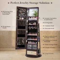 Tangkula 360° Swivel Jewelry Cabinet W/ Mirror Jewelry Storage Organizer Built-in Lights Dark Brown -Tangkula GUEST 7b90a3c3 036f 44d3 8471 9b6d2d83fc0c