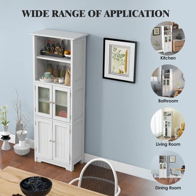 Tangkula Bathroom Tall Storage Cabinet Linen Tower W/ Glass Door & Adjustable Shelf White 9 Tangkula Bathroom Tall Storage Cabinet Linen Tower W/ Glass Door & Adjustable Shelf White - Image 7