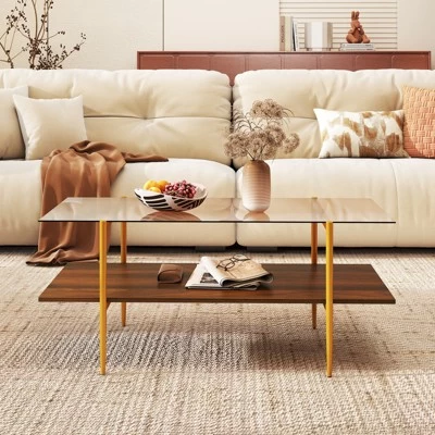 Tangkula 2-Tier Glass Coffee Table W/ Tampered Glass Tabletop & Open Storage Shelf 5 Tangkula 2-Tier Glass Coffee Table W/ Tampered Glass Tabletop & Open Storage Shelf - Image 3