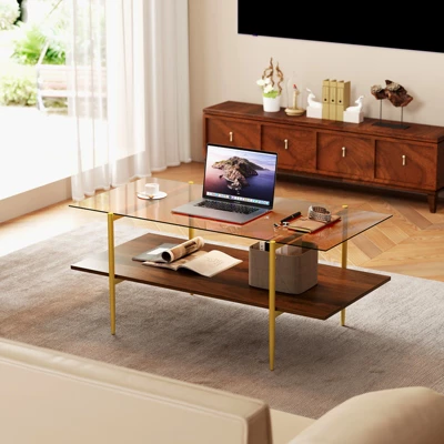 Tangkula 2-Tier Glass Coffee Table W/ Tampered Glass Tabletop & Open Storage Shelf 4 Tangkula 2-Tier Glass Coffee Table W/ Tampered Glass Tabletop & Open Storage Shelf - Image 2