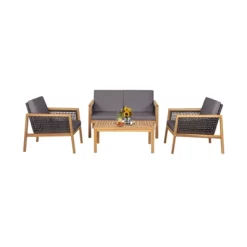 Tangkula 4-Piece Patio Acacia Wood Furniture Set Outdoor PE Rattan Conversation Set With Removable Cushions -Tangkula GUEST 7d83b234 8064 436b bb0b eaf1d0d29453