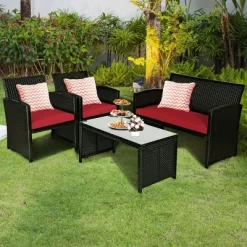 Tangkula 4 Piece Outdoor Patio Rattan Furniture Set Red Cushioned Seat For Garden, Porch, Lawn