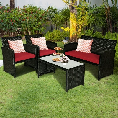 Tangkula 4 Piece Outdoor Patio Rattan Furniture Set Red Cushioned Seat For Garden, Porch, Lawn 3 Tangkula 4 Piece Outdoor Patio Rattan Furniture Set Red Cushioned Seat For Garden, Porch, Lawn