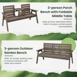 Tangkula Outdoor Fir Wood Bench W/ Foldable Middle Table W/ Backrest & Armrests -Tangkula GUEST 7eb8f28f d3ee 4c19 8221 cb47ee362be6