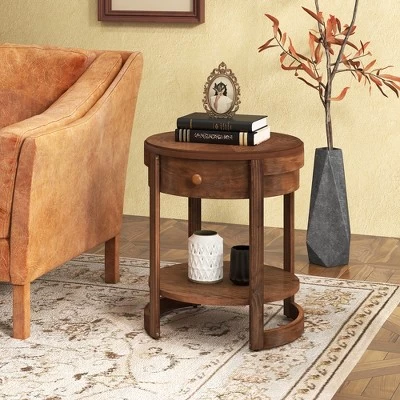 Tangkula 2-Tier Nightstand W/ Shelf & Wood Grains Drawer Round White/Brown 3 Tangkula 2-Tier Nightstand W/ Shelf & Wood Grains Drawer Round White/Brown