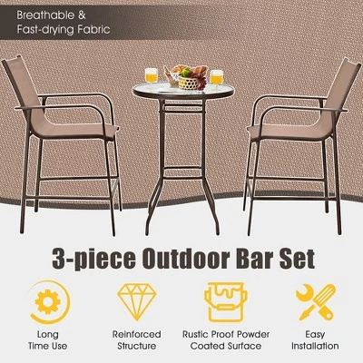 Tangkula 3PCS Patio Bar Set Outdoor Bistro Set W/ 2 Stools & 1 Tempered Glass Table Brown 6 Tangkula 3PCS Patio Bar Set Outdoor Bistro Set W/ 2 Stools & 1 Tempered Glass Table Brown - Image 4