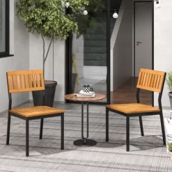 Tangkula Patio Dining Chair Set Of 4 Outdoor Armless Chairs W/Metal And Acacia Wood Frame All-Weather Bistro Chairs