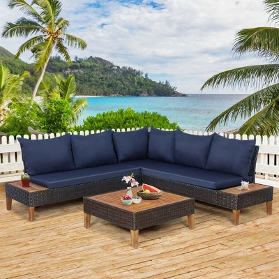 Tangkula 4PCS Acacia Wood Patio Furniture Set Rattan Conversation Set W/ Navy Cushions 3 Tangkula 4PCS Acacia Wood Patio Furniture Set Rattan Conversation Set W/ Navy Cushions