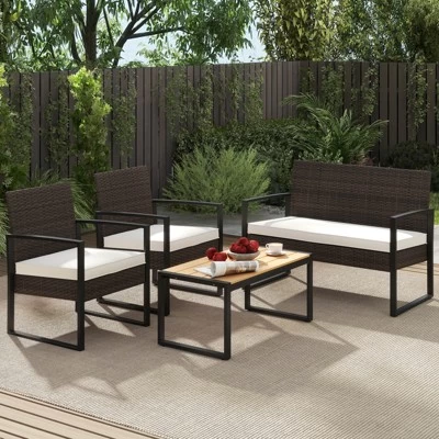 Tangkula Set Of 4 PE Rattan Patio Conversation Set Outdoor Porch Chairs Loveseat With Coffee Table And Soft Cushions Metal Frame 4 Tangkula Set Of 4 PE Rattan Patio Conversation Set Outdoor Porch Chairs Loveseat With Coffee Table And Soft Cushions Metal Frame - Image 2