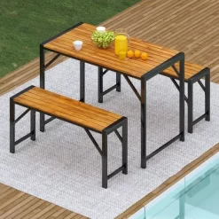 Tangkula 3 PCS Dining Set For 4 People Outdoor Picnic Table & 2 Benches W/ Metal Frame -Tangkula GUEST 8081e471 7abb 49a2 b96f 8845f0efde8e