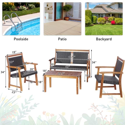 Tangkula 4PCS Patio Rattan Furniture Set Cushioned Loveseat & Table Set W/Acacia Wood Frame 4 Tangkula 4PCS Patio Rattan Furniture Set Cushioned Loveseat & Table Set W/Acacia Wood Frame - Image 2