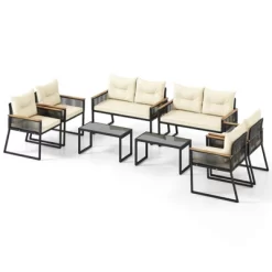 Tangkula Set Of 8 Patio Wicker Furniture Set Heavy Duty Outdoor Cushioned Conversation Set With Tempered Glass Coffee Table Off White -Tangkula GUEST 814e2f66 9c1b 4841 b402 83a18b17b8a3