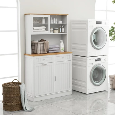 Tangkula Double Tilt Out Trash Cabinet W/ Hutch Kitchen Pantry Storage Cabinet White 5 Tangkula Double Tilt Out Trash Cabinet W/ Hutch Kitchen Pantry Storage Cabinet White - Image 3