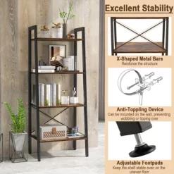 Tangkula 4-Tier Ladder Bookshelf Industrial Wooden Bookcase With Metal Frame Anti-Toppling Device Rack Rustic Brown/Gray Oak -Tangkula GUEST 82984a85 fbc9 4a2c af7c 152bb274eee3