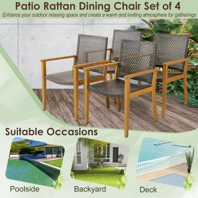 Tangkula Outdoor Rattan Chair Set Of 4 Patio PE Wicker Dining Chairs W/ Sturdy Acacia Wood Frame 7 Tangkula Outdoor Rattan Chair Set Of 4 Patio PE Wicker Dining Chairs W/ Sturdy Acacia Wood Frame - Image 5