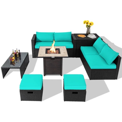 Tangkula 9 Pieces Outdoor PE Rattan Wicker Sectional Sofa With 42" Gas Fire Pit Table Space-Saving Patio Conversation Set With Storage Box Black/Grey/Navy/Red/Turquoise/Off White 17 Tangkula 9 Pieces Outdoor PE Rattan Wicker Sectional Sofa With 42" Gas Fire Pit Table Space-Saving Patio Conversation Set With Storage Box Black/Grey/Navy/Red/Turquoise/Off White - Image 15