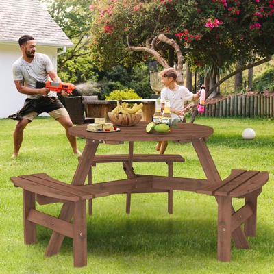 Tangkula 6-Person Round Picnic Table Set W/ 3 Built-in Benches 2" Umbrella Hole 5 Tangkula 6-Person Round Picnic Table Set W/ 3 Built-in Benches 2" Umbrella Hole - Image 3