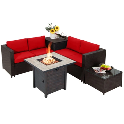 Tangkula 5-Piece Patio Furniture Set With 30 Inches Gas Fire Pit Table Outdoor PE Wicker Sectional Sofa Set With Cushions Red/Beige/Navy/Turquoise 14 Tangkula 5-Piece Patio Furniture Set With 30 Inches Gas Fire Pit Table Outdoor PE Wicker Sectional Sofa Set With Cushions Red/Beige/Navy/Turquoise - Image 12