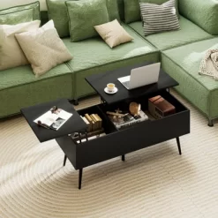 Tangkula Lift Top Coffee Table W/ Split Top & 2 Hidden Compartments Tapered Metal Legs