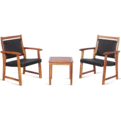 Tangkula 3 PCS Patio Rattan Bistro Set Outdoor Acacia Wood Table & Chairs Set -Tangkula GUEST 841f7f96 8915 4dae 80ca c81e4354dad7