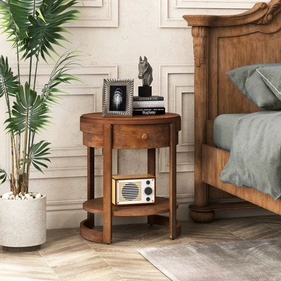Tangkula 2-Tier Nightstand W/ Shelf & Wood Grains Drawer Round White/Brown 4 Tangkula 2-Tier Nightstand W/ Shelf & Wood Grains Drawer Round White/Brown - Image 2