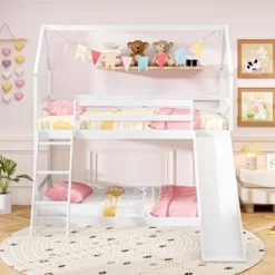 Tangkula Twin Over Twin House Bunk Bed W/ Slide Solid Wood Low Bunk Bed For Kids White 14 Tangkula Twin Over Twin House Bunk Bed W/ Slide Solid Wood Low Bunk Bed For Kids White -Tangkula GUEST 84a469d3 2241 4ddd 9809 4b1ae086c6fa