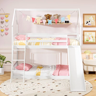 Tangkula Twin Over Twin House Bunk Bed W/ Slide Solid Wood Low Bunk Bed For Kids White 6 Tangkula Twin Over Twin House Bunk Bed W/ Slide Solid Wood Low Bunk Bed For Kids White - Image 4