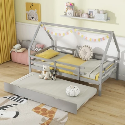 Tangkula Twin Size House Bed W/ Trundle Wooden Kids Bed W/ Safety Rails & Decorable Roof 3 Tangkula Twin Size House Bed W/ Trundle Wooden Kids Bed W/ Safety Rails & Decorable Roof