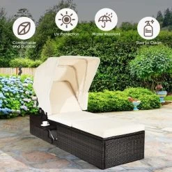 Tangkula Outdoor Cushioned Reclining Chaise Lounge W/Folding Canopy -Tangkula GUEST 84fe4787 2f41 48cb b9fb 2dfcaaa8c94b