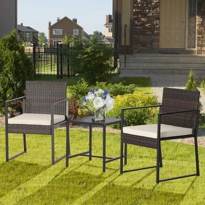 Tangkula 3PCS Patio Rattan Hand-Woven PE Wicker Bistro Set Outdoor Furniture Set W/ Table & Cushion 4 Tangkula 3PCS Patio Rattan Hand-Woven PE Wicker Bistro Set Outdoor Furniture Set W/ Table & Cushion - Image 2