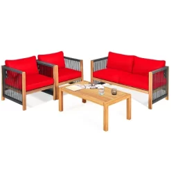 Tangkula Outdoor Patio Wood Conversation Furniture Set Padded Chair With Coffee Table Red/Turquoise -Tangkula GUEST 86bb2e94 ac84 4d1b b068 7e0fc444eb8f