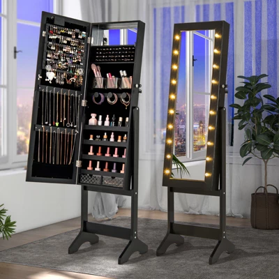 Tangkula Jewelry Armoire Cabinet Standing Lockable Jewelry Organizer With Lighted Full-Length Mirror Black/Rustic Brown/White 5 Tangkula Jewelry Armoire Cabinet Standing Lockable Jewelry Organizer With Lighted Full-Length Mirror Black/Rustic Brown/White - Image 3