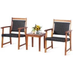 Tangkula 3 PCS Patio Rattan Bistro Set Outdoor Acacia Wood Table & Chairs Set -Tangkula GUEST 87c0d4cb a81a 4813 bd6a 5d0d8b9ab745