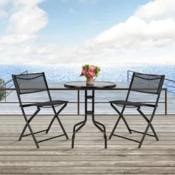 Tangkula 3-Piece Patio Bistro Dining Furniture Set, Outdoor Patio Conversation Set With Round Black Tempered Glass Tabletop And 2 Folding Chairs -Tangkula GUEST 87eb681e 1274 4e5c 84d8 d65095a2e614