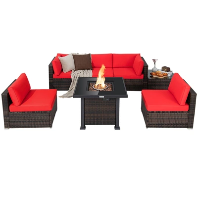 Tangkula Patio Rattan 7PCS Cushioned Chair Set Furniture Set Thick Cushion W/ 50,000 BTU Propane Fire Pit Table For Garden Black/Navy/Red/Turquoise/Off White 12 Tangkula Patio Rattan 7PCS Cushioned Chair Set Furniture Set Thick Cushion W/ 50,000 BTU Propane Fire Pit Table For Garden Black/Navy/Red/Turquoise/Off White - Image 10