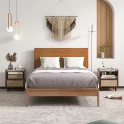 Tangkula 2PCS Bamboo Rattan Nightstand Boho Bedside End Table W/ Drawer Wood Legs