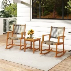 Tangkula 3 Pieces Rocking Bistro Set PE Rattan Front Porch Chairs W/ Coffee Table