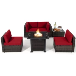 Tangkula 6 Piece Patio Wicker Conversation Set, Outdoor Rattan Sofa Set W/ 32" Propane Fire Pit Table, 50,000 BTU Heat, Tempered Glass Tabletop Black/Navy Blue/Red/Turquoise/Off White -Tangkula GUEST 899f0cd1 e20e 4dee ba72 14b174e33fee