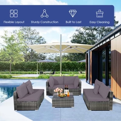 Tangkula 7 PCS Outdoor Patio Furniture Set All-Weather PE Rattan Sofa Set W/Coffee Table & Cushions 6 Tangkula 7 PCS Outdoor Patio Furniture Set All-Weather PE Rattan Sofa Set W/Coffee Table & Cushions - Image 5